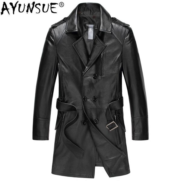 

ayunsue autumn winter jacket men genuine cow leather jacket men clothes plus size long coat jaqueta de couro k020-n my793, Black