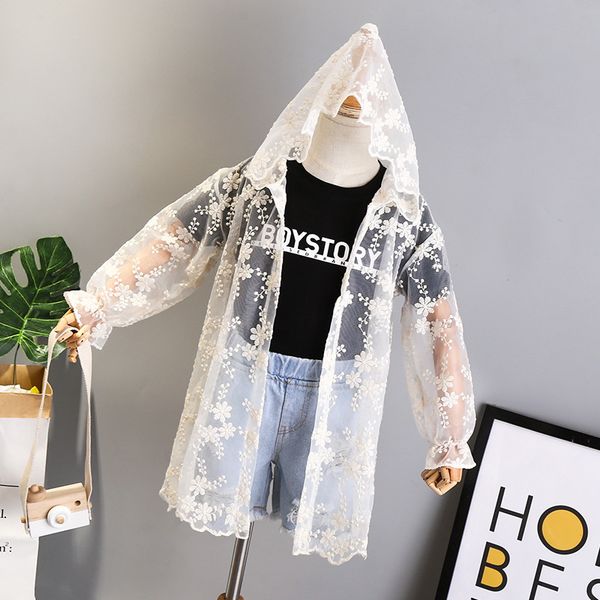 

girls spring summer thin lace coat sunscreen and mosquito proof air conditioner long cardigan kids outerwear beach coat, Blue;gray