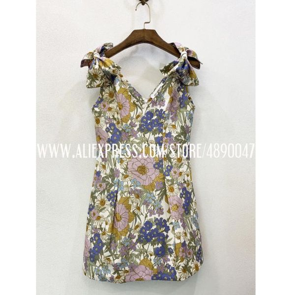

deep v-neck spring and summer dress backless dress women mini 100%linen printed resistance tie, Black;gray