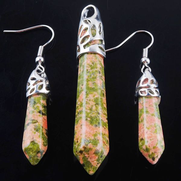 

wojiaer set women jewelry natural unakite jasper gem stone hexagonal pointed reiki chakra beads pendant dangle earrings dq3048, Black