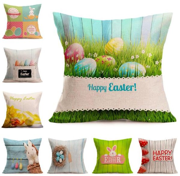 

linen easter theme cushion cover colorful happy easter eggs rabbit bunny printed pillowcase easter festival prty home decoration