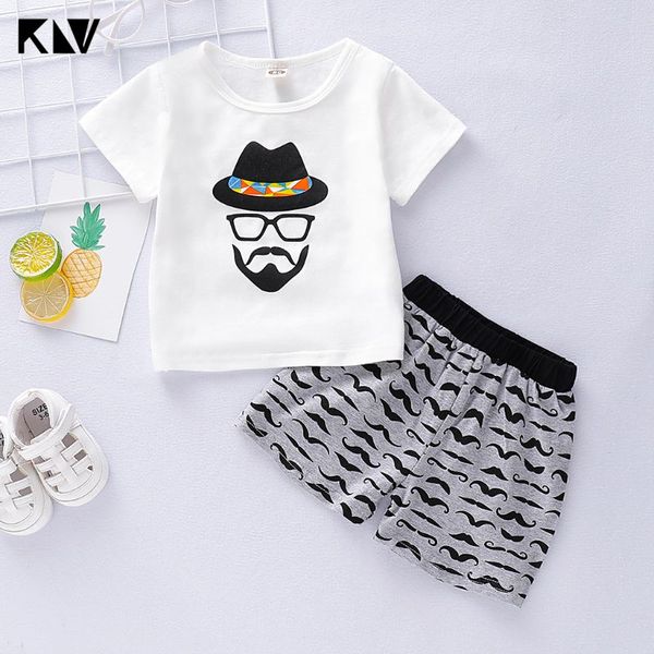 

klv 2pcs infant baby boys casual t-shirt moustache gentlemen shorts outfit newborn kids clothes summer cotton suit set, White