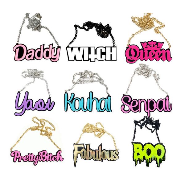 

fashion colorful glitter letter acrylic necklaces for women long bitch senpai boo witch halloween necklace pendant n18013, Silver
