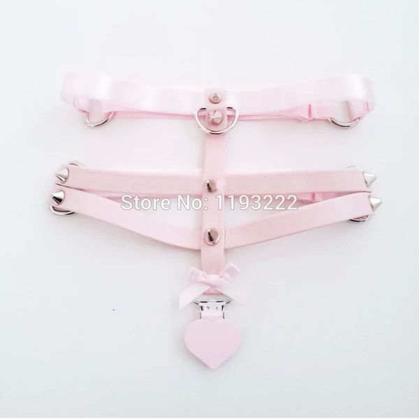 

garters harajuku lolita pastel pink real leather three row rivets heart leg garter belt thigh harness suspender for stocking, Black;white