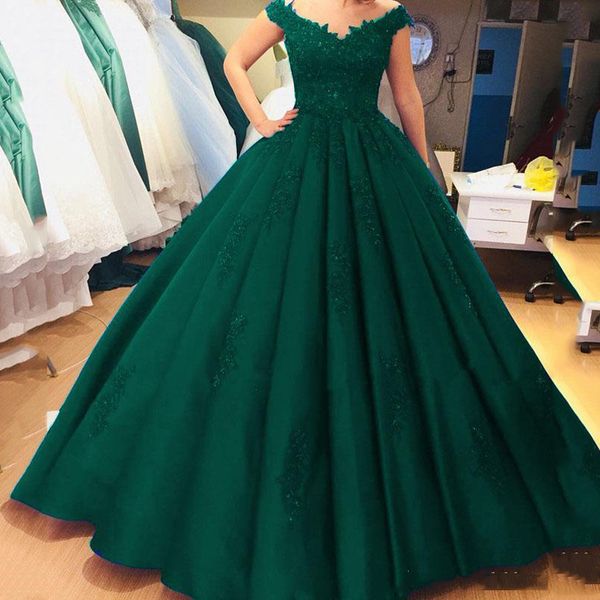 

custom dark green off shoulder lace ball gown prom dresses 2020 with beaded appliques sweep train formal evening party gowns, Black