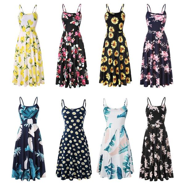 

women spaghetti straps backless swing dress cocktail cami slip midi dress sunflower lemon printed beach strappy flared sundress, Black;gray