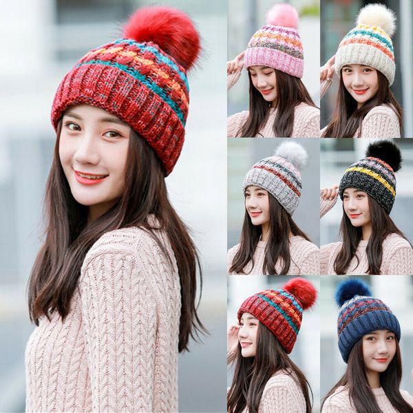 

winter hats for women autumn women's warm fur ball solid hats fleece lined headwears cable knit beanie hat chunky pom hat, Blue;gray