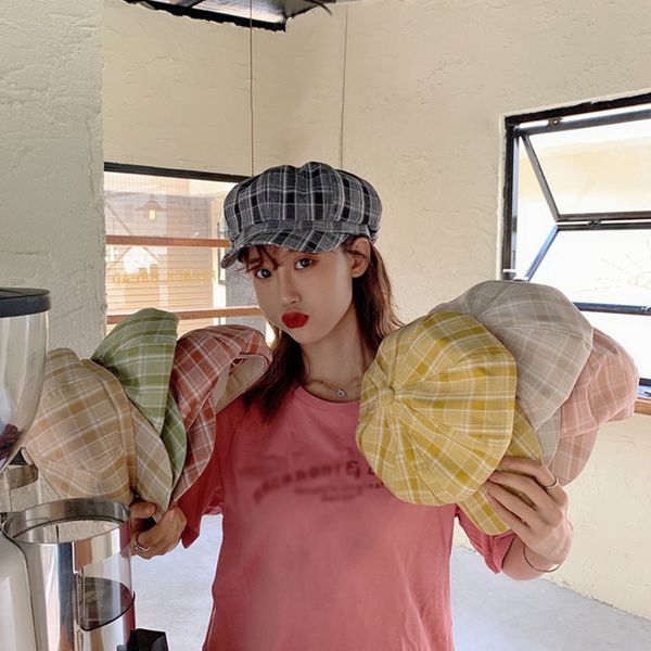 

b british plaid octagonal hat female sunshade cap painter hat brick red [56-58cm] with adjustment rope, Blue;gray