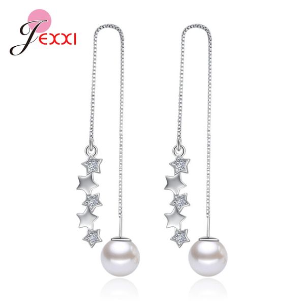 

korean women female tassel long waterdrop pearl earrings for party salon sparkling cubic zirconia hypoallergenic ear chain, Silver