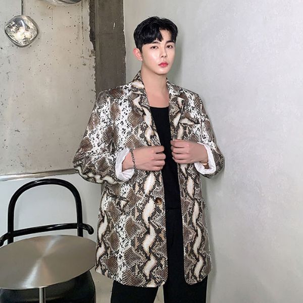 

men autumn winter snake print leather blazer suit jacket vintage fashion streetwear male suit coat outerwear stage clothing, White;black