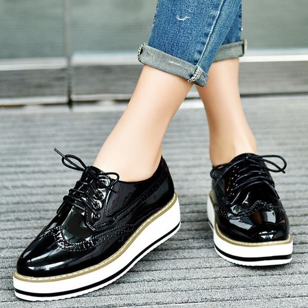 

british style hollow out brogue shoes woman lace up japanned leather derby shoes ladies oxford platform silver wedges, Black