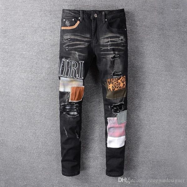 

patch jeans fashion hip hop summer zipper button homme clothing slim pencil pants casual apparel mens new designer, Blue