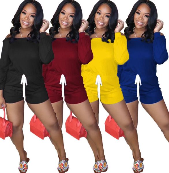 

women jumpsuit rompers long sleeve off shoulder t-shirt shorts pant overall solid color one piece short trousers drawstring shorts cz608, Blue