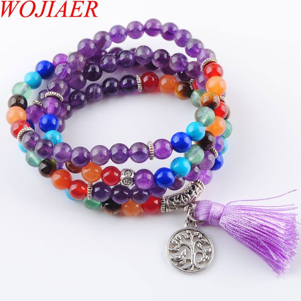 

wojiaer рейки натуральный 7 чакра многослойные подвески браслеты для женщин аметист мала йога бусины медитация исцеление кисточкой dk3206, Black