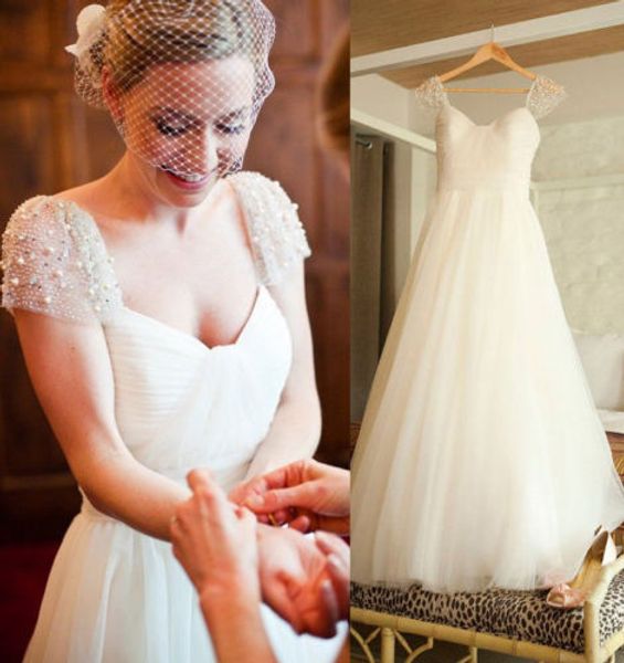 

2020 ivory wedding dress with beaded cap tulle sleeves ball gown bridal gowns custom made, White