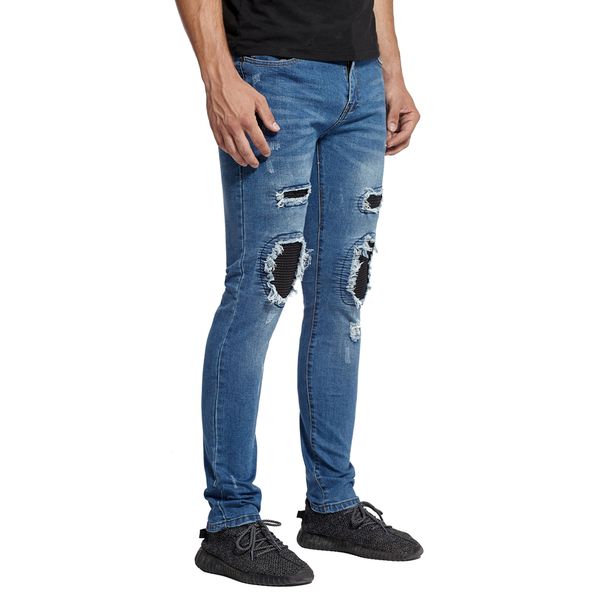 

2017 men skinny tapered knee leather biker jeans fashion casual hip hop stretch jeans e5022, Blue