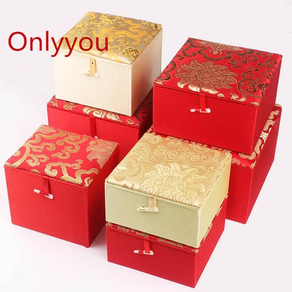 Luxury Soft Square Giallo Rosso Gioielli Confezione regalo Tessuto di seta Scatola di legno cinese Imballaggio Collezione di pietre preziose Scatole decorative Multisize