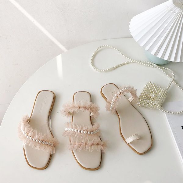 

string bead shoes slippers flat lace slipers women slides 2020 rubber fabric basic pu cotton flat shoes female, Black
