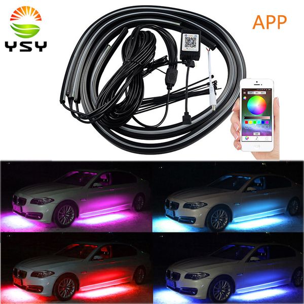 

4pcs app control car flexible led strip decorative atmosphere led rgb under car glow underbody lights system neon lights kit
