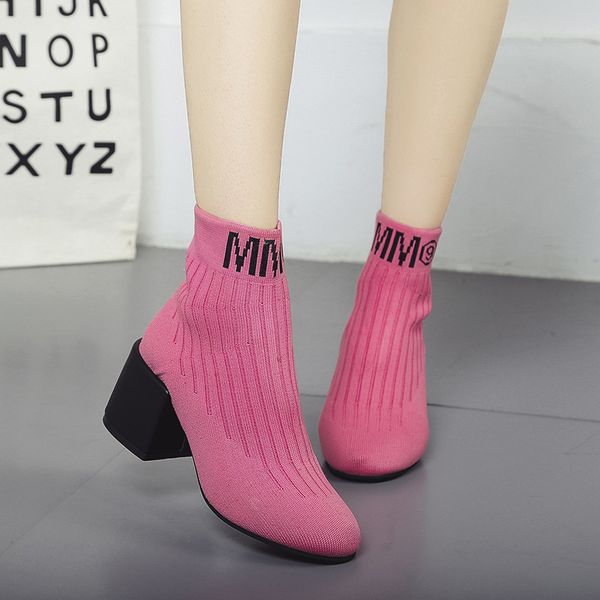 

europe knitted women boots boot stretch fabric ankle platform fashion square heel slip-on 2018 autumn winter new elegant, Black