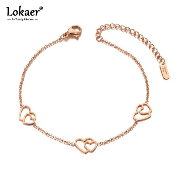 

lokaer fashion cz crystal double heart charm bracelets for women stainless steel chain & link strand bracelet jewelry b20065, Black