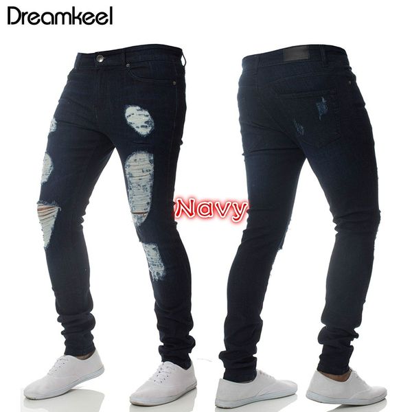 

2019 brand designer slim fit washed jeans street mens distressed denim hip hop jeans pure color knee holes ripped men y, Blue