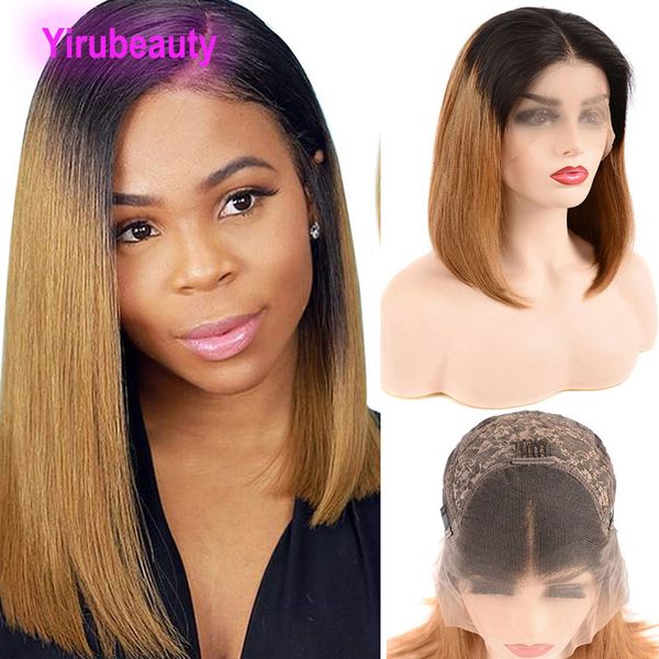 

malaysian human hair virgin hair lace front bob wigs 1b/27 silky straight 1b 27 ombre color 13x4 wigs 180% density, Black;brown