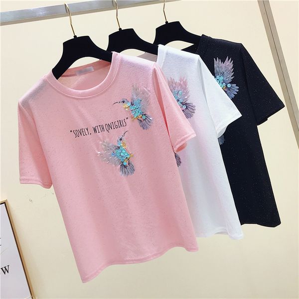 

women tshirt harajuku summer funny sequined t-shirt femme camisetas mujer elegant chic shirt women blusa mori girl, White