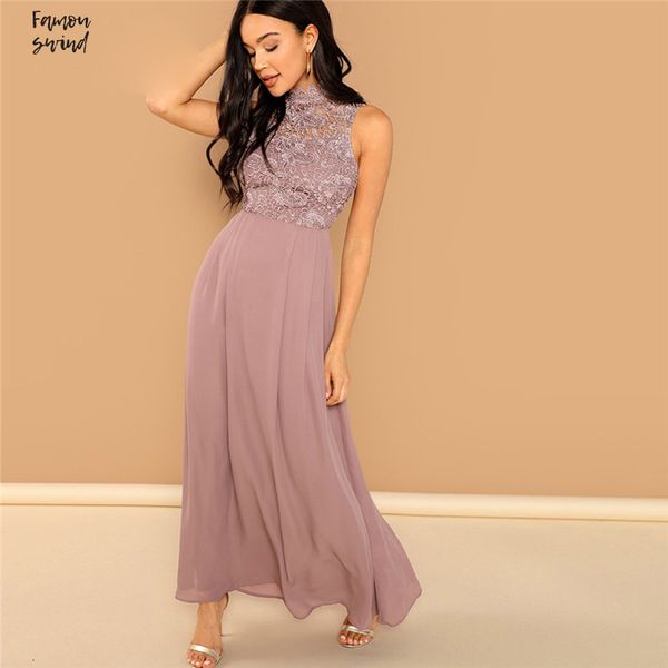 

pink guipure maxi dress lace overlay bodice plain stand collar autumn party dresses women sleeveless a line dress, Black;gray