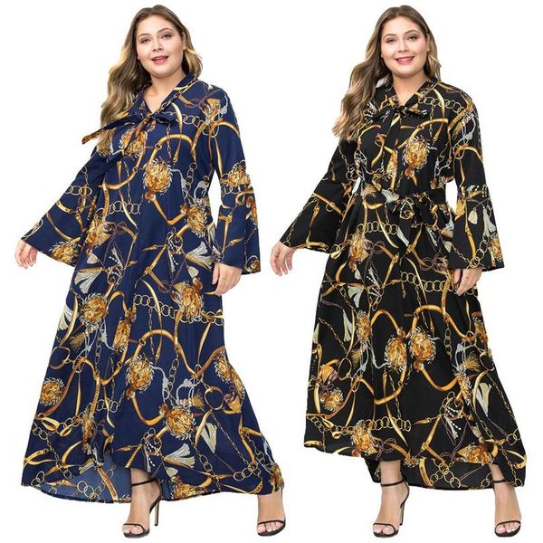 

plus size chain print long sleeve dress women maxi lace up ethnic dresses abaya kaftan muslim flare sleeve bow collar loose new, Red