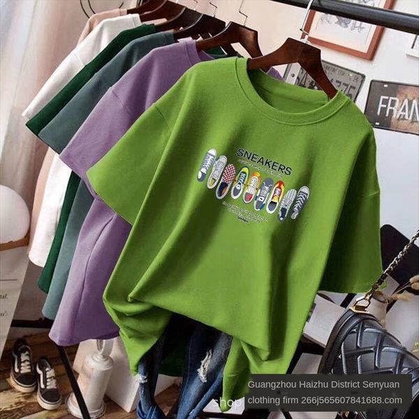 

2020 рыхлый печати круглый воротник короткий рукав износ 2020 сыпучих выводящий на печать женской верхней круглой футболки топ воротник коро, White