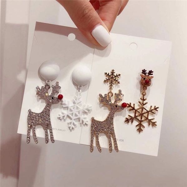 

mengjiqiao new ab style christmas jewelry shiny rhinestone snowflake asymmetry earrings women cute deer holiday drop pendientes, Silver