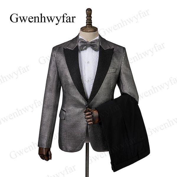 Gwenhwyfar estilo heavy metal homens ternos shinny Sliver preto 2019 design exclusivo casamento masculino noivo smoking terno terno 3 peças