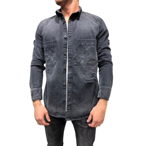 

mjartoria 2019 cotton men middle street casual sports running fitness turn-down collar soild holes with pocket jeans jacket, Black;brown