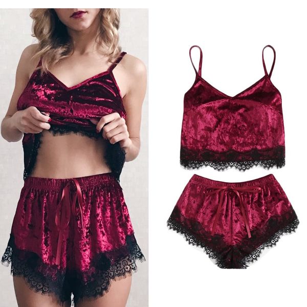 

women sleepwear nightwear ladies sleeveless strap lace lady solid color pajama set, Black;red
