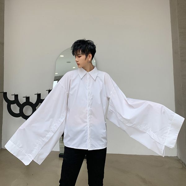 

men wide long sleeve black white shirt male japan style gothic sleeve stage fashion show clothing, White;black