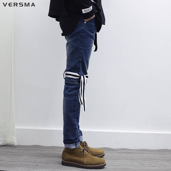 

versma new korean ulzzang harajuku style summer fashion casual denim jeans pants slim fit ribbon design men biker jeans trousers, Blue