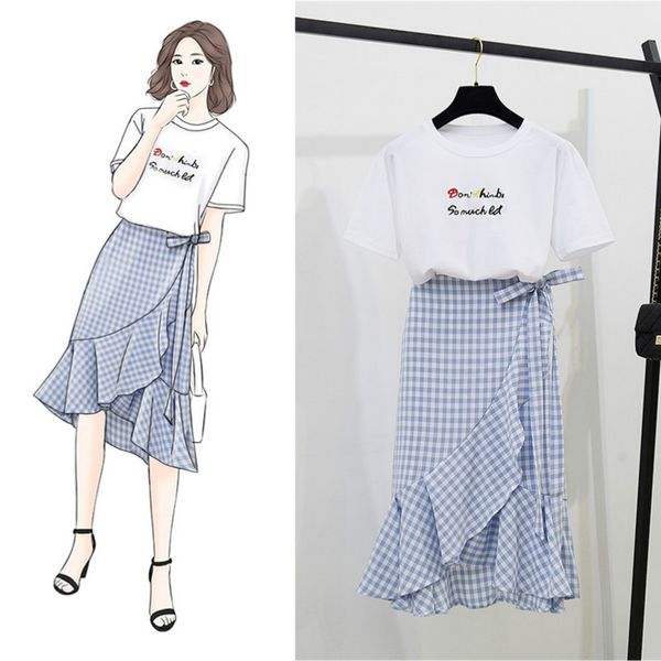 

плед рыбий хвост юбка костюмы женский краткое письмо печати белые футболки из двух частей летние сладкие наборы костюм платье, White