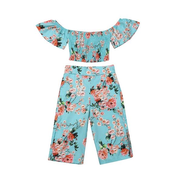 

1-6y toddler baby girl floral clothes off shoulder crop wide pants summer baby outfit