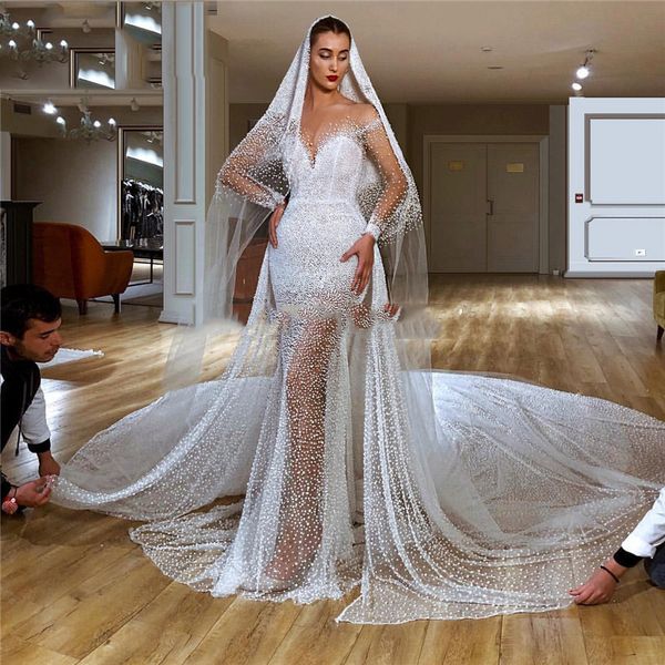 Perlen-Illusion-Hochzeitskleid mit langer Schleppe, 2020, volle Ärmel, Meerjungfrau, Robe de Soiree, Spezialstoff, glänzendes arabisches Brautkleid