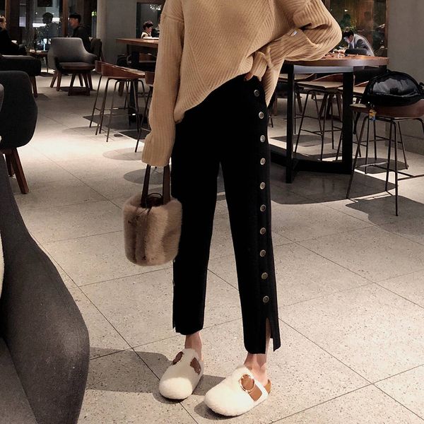 

2019 new women knitted pants autumn spring female straight trousers elastic high waist pants side split woman knit button, Black;white