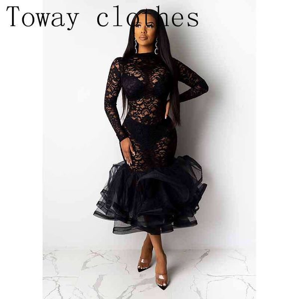 

hollow out women dress long sleeve lace ruffles high waist dresses formal party bodycon midi vestidos, Black;pink