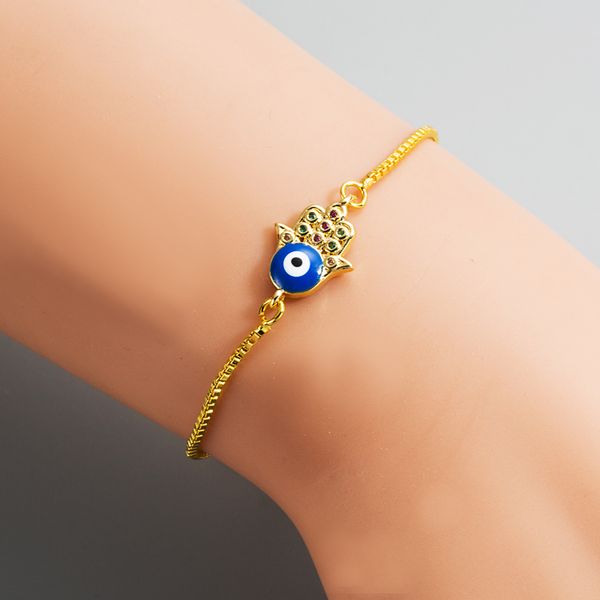

2020 gorgeous summer style zirconia evil eye copper bracelet for woman rainbow color zircon palm shape adjustable charm bracelet, Golden;silver