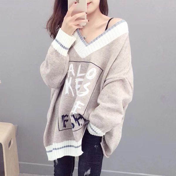 

hsa women sweaters and pullovers 2018 autumn winter v neck letters print pull jumpers chic oversized knitwear female pull femme, White;black