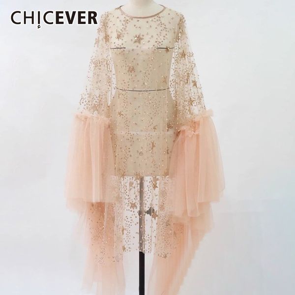 

chicever summer patchwork sequins mesh perspective women coat o neck ruffles hem slim female long pullover clothing 2019 new, Tan;black