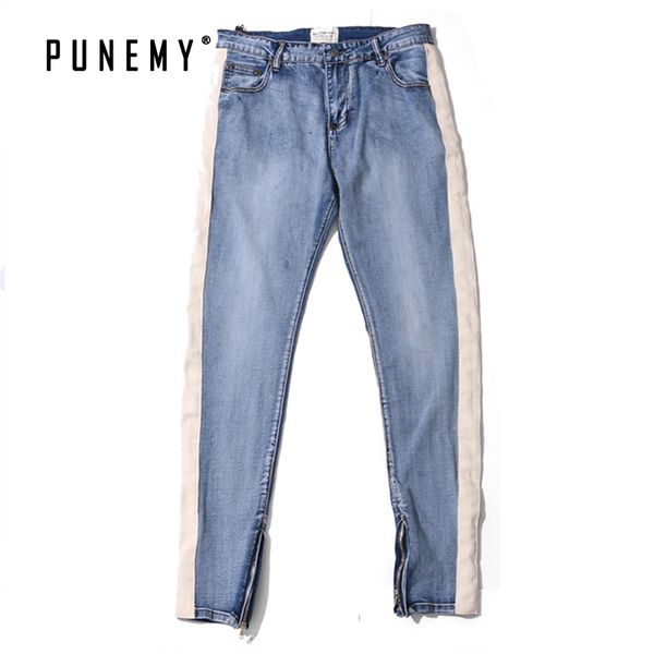 

men jeans denim ankle zipper slim pencil pants patchwork side striped hip hop streetwear washed joggers man's jeans trousers, Blue