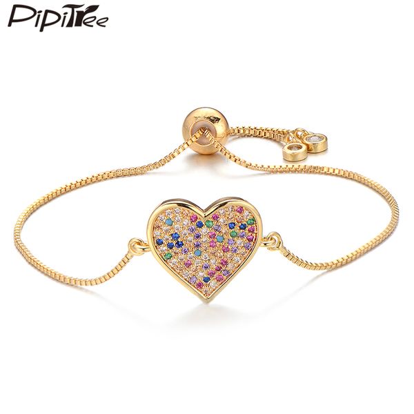 

pipitree delicate large heart charm bracelet slider chain multicolor cubic zirconia bracelets for women lovers trendy jewelry, Golden;silver