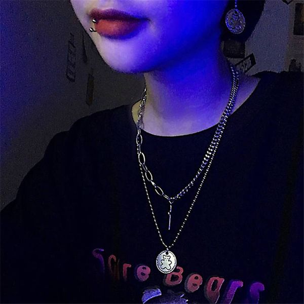 

корея harajuku личность многослойный полый крест ангел монета кулон длинное ожерелье прохладный девушка диско улица хип-хоп ювелирные издели, Silver