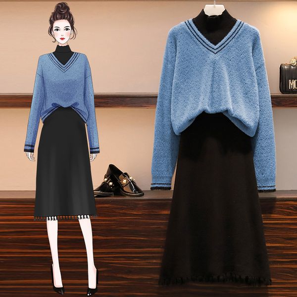 

autumn winter casual warm two piece knitted suit women loose turtleneck mohair sweater and midi tassel skirt plus size 2 pcs set, White