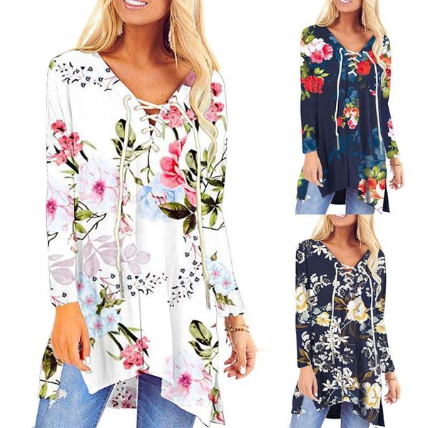 

womens floral v neck tunic long sleeve blouses lace up with pocket flowy 2019 autumn winter women girls oversize, White